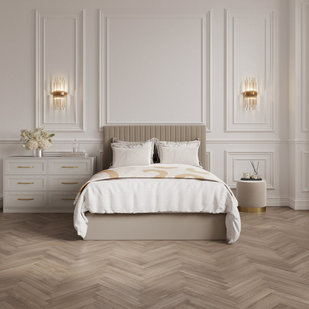 Berlin Beige Velvet Tall Ottoman Double Bed